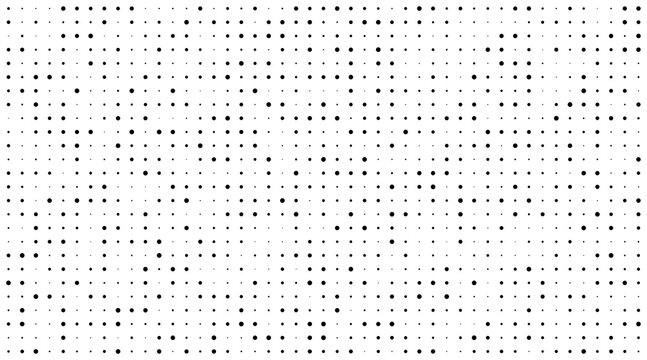 Dotted halftone gradient pattern texture. Black random polka dots seamless background. Mixed small and big circles. Smooth gradation grain. Ink splashes. Abstract vector illustration