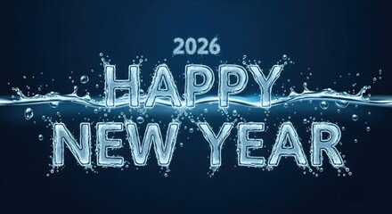 Happy new year 2026 typography in water style on dark blue background