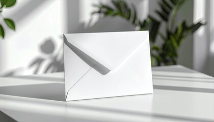 Elegant white envelope on a bright table bathed in sunlight, perfect for invitations, announcements, or heartfelt letters in a modern setting