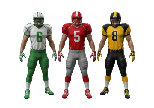 Three american football players in uniform, isolated on a white background. isolated on transparent background