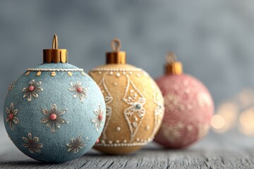 Pastel Christmas Ornament Set with Textured Floral Embellishment for Elegant Holiday Decoration and Seasonal Styling