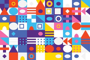 Abstract Geometric Pattern with Circles Squares Triangles and Rectangles in Bold Colors