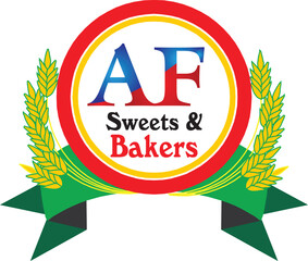 Af Sweets and Bakers Logo Featuring Golden Wheat Stalks Accompanying Green Ribbon With Triangle Designs Placed on Both Sides in White Background