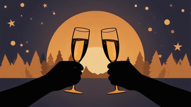 A celebratory illustration depicts two hands toasting with champagne glasses against a serene night sky with a full moon and twinkling stars.