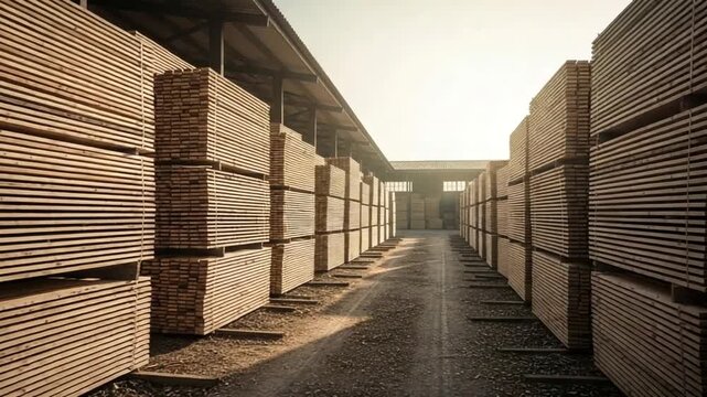 Lumber Stacked: Rows of fresh-cut timber, neatly stacked in a storage facility, with the warmth of natural sunlight.