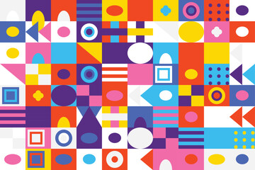 Colorful abstract geometric pattern with circles, squares, and triangles in a vibrant composition