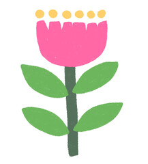 Naive Folk Art Flower: Pink Petal and Green Leaf Doodle with Crayon Texture and Simple Scandinavian Style