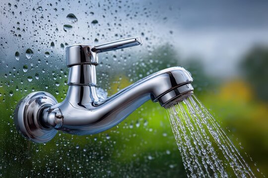 A close-up shot of a chrome faucet running water with a blurred background of greenery and a window covered in water droplets creates a refreshing and clean ambiance. - Powered by Adobe