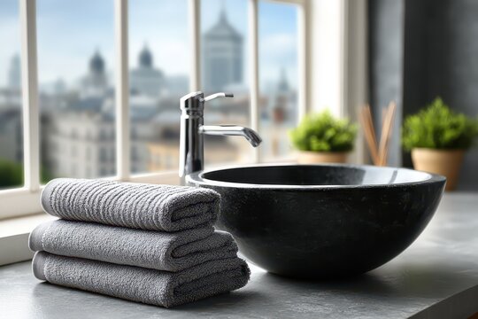 Elegant bathroom interior with a modern black stone sink, a polished faucet, and a stack of soft gray towels, bathed in natural light from a large window overlooking the city.
