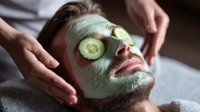 A man relaxing in a spa with cucumber slices over his eyes and a green facial mask.