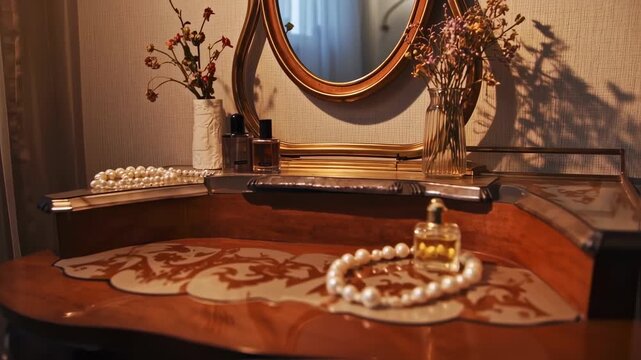 A vintage vanity showcases a gold-framed oval mirror, perfume bottles, and dried flowers. Pearls adorn the wood