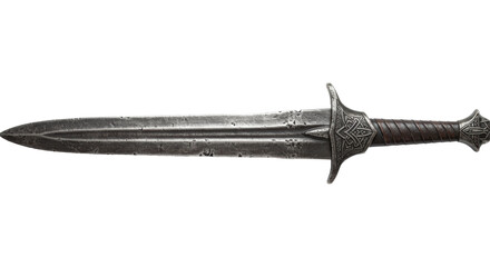 A battle-worn medieval longsword with an oxidized blade and ornate elven hilt on a white background with copy space, cinematic lighting, epic fantasy weapon concept