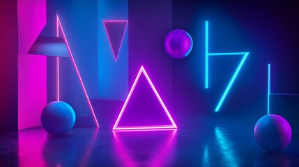 Abstract geometric shapes illuminated with vibrant neon lights in a dark environment, creating a modern artistic atmosphere with dynamic visual appeal