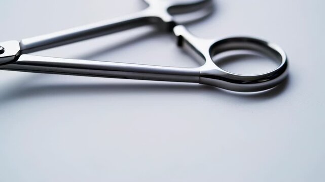 A close-up of surgical scissors with a curved, metallic design, rests on a white surface