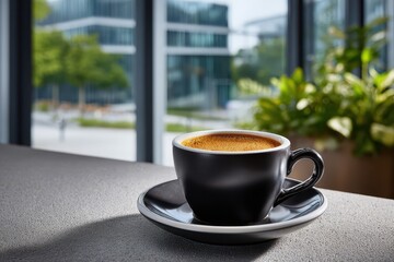 Close-up of an espresso in a black cup in an office environment with greenery and blurred office buildings in the background, offering a focused, professional ambiance.