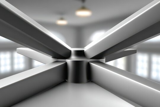 A close-up of a metal structure with multiple beams converging in the center, creating a symmetrical pattern, with a blurred background of lights and windows, emphasizing geometric shapes.