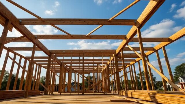 Construction's Beginning: Capturing the raw framework of a building in progress. Wooden beams interlock beneath a vast sky, a symbol of potential and the building process.