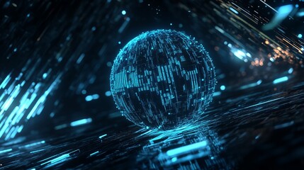 Digital globe composed of glowing blue lines and particles, representing global connectivity and technology in a futuristic environment with dynamic light effects