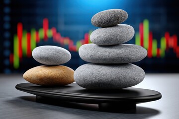 Zen stones stacked for balance, on a balance platform, stability representing a stock market chart as a background, stability and investment concept, finance.