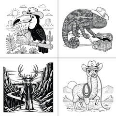 Naklejka premium Cowboy Animals Set Toucan Chameleon Deer Alpaca Desert Line Art