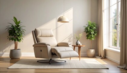 柔らかなニュートラルカラーでまとめられたリビングエリアに、エルゴノミックなリクライナーチェアと小さなサイドテーブルが一組だけ配置された静かな構図。