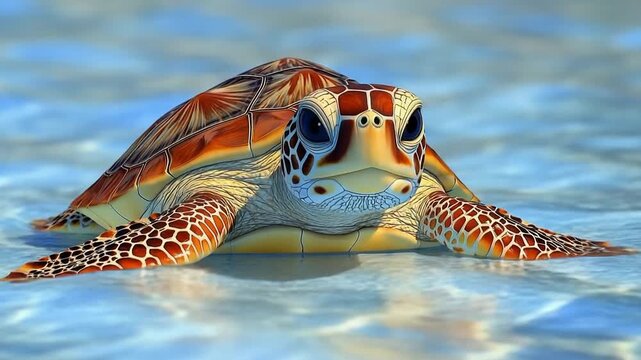 Close-up of a sea turtle swimming in clear, blue ocean water