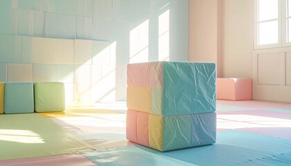 明るくエアリーな室内ソフトプレイエリアの角に、パステルカラーのフォームブロックが一つだけ置かれた静かな構図。
柔らかな素材とミニマルな配置が、幼児向けの安全で落ち着いた遊び空間を表現。
保育施設紹介、子供用品、室内遊び、知育関連などのテーマに幅広く利用できるイメージ。