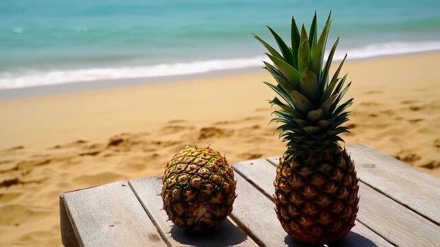 Two pineapples rest on wood with a beach in the background. Ocean waves and sand complete the scene