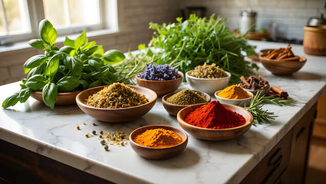 Cooking Essentials: Assorted Spices, Herbs, and Mortar and Pestle