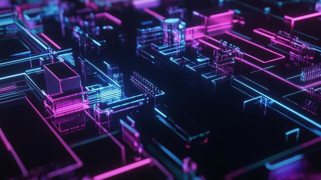 Abstract digital circuit board illustration with glowing neon lines in pink and blue colors, showcasing intricate patterns and technology concepts in a futuristic environment