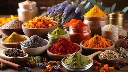 Cooking Essentials: Assorted Spices, Herbs, and Mortar and Pestle