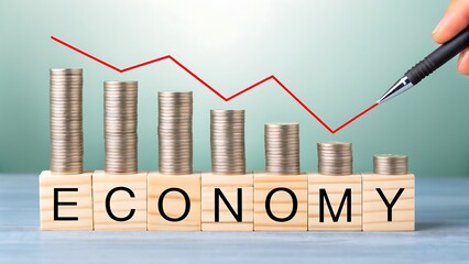 Declining economy concept with stacked coins and falling red graph line
