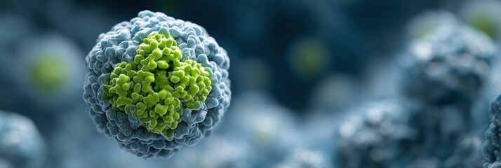 Colorful Bacteria Cell With Green Structures Against a Blurred Background Showcasing Detail and Depth During Microscopic Exploration