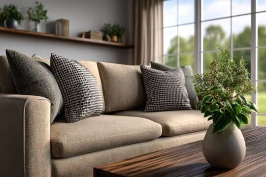 A cozy and inviting living room interior with a comfortable sofa adorned with stylish pillows, a wooden coffee table, and a lush green plant creating a serene atmosphere.