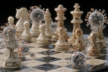 Neurotransmitter Chess Match: Illustrate a tense chess match where neurotransmitters and immune cells strategize.