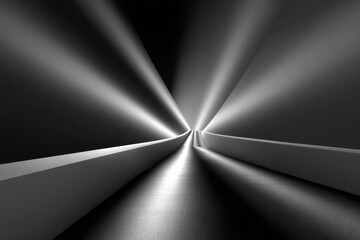 Abstract monochrome image showcasing converging lines and beams of light, creating a sense of depth and futuristic design, evoking a modern and minimalist aesthetic.
