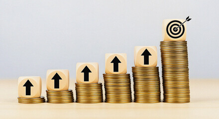 Financial Growth Ladder to Success: Stacks of Coins Topped with Arrows and Target Concept of Achieving Business Goals, Increasing Profit, and Investment Planning