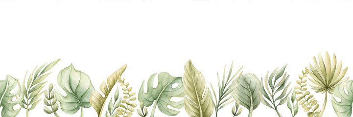 Monstera Palm Leaves seamless border. Tropical Exotic green plants. Watercolor hand painted summer pastel neutral isolated illustration on white background for nursery kids baby safari design package © Leyla