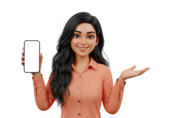 3d cartoon woman presenting blank smartphone screen with open hand isolated isolated on transparent background