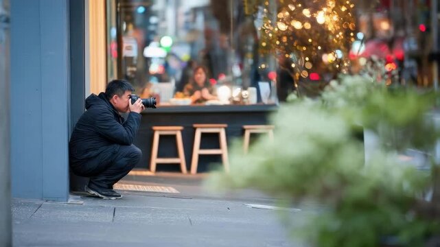 Photographer crouches on the sidewalk, shooting through a cafe window at people inside.