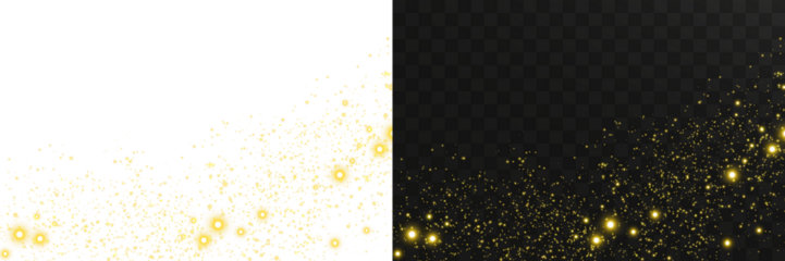 Christmas golden bokeh dust overlay with radiant glow, glitter particles, and bright festive sparkles ideal for elegant holiday invitations, winter posters, and premium transparent vector backgrounds
