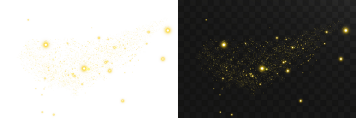 Christmas golden bokeh dust overlay with radiant glow, glitter particles, and bright festive sparkles ideal for elegant holiday invitations, winter posters, and premium transparent vector backgrounds
