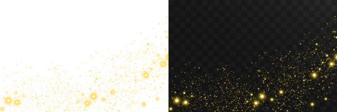 Christmas golden bokeh dust overlay with radiant glow, glitter particles, and bright festive sparkles ideal for elegant holiday invitations, winter posters, and premium transparent vector backgrounds
