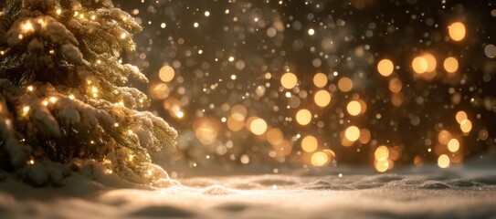Beautiful snow-covered Christmas tree illuminated with warm golden lights. Soft snowfall and bokeh lights create a magical and peaceful holiday atmosphere.