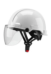 transparent industrial hard hat with a lowered clear visor isolated on a transparent studio background. Concept of occupational safety and ppe
