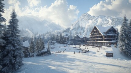 Snow-covered mountain resort with cozy wooden chalets surrounded by tall evergreen trees, creating a serene winter landscape for relaxation and adventure