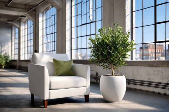 Bright industrial loft with an armchair, plant, and arched sunny windows. - Powered by Adobe