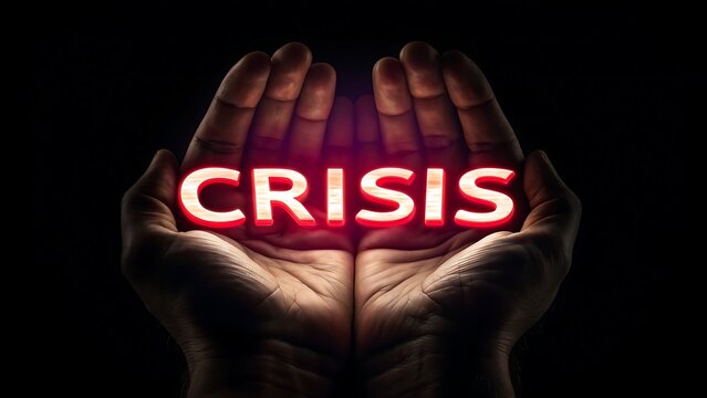 Hands holding glowing crisis text symbolizing danger and urgent situation
 - Powered by Adobe