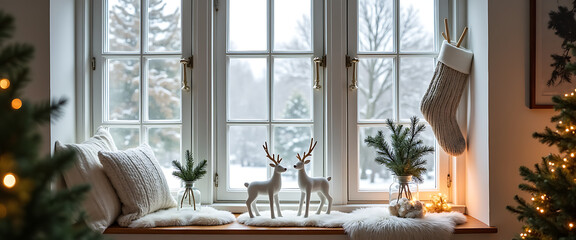 Cozy winter window sill decorated with christmas ornaments, deer figurines, and festive lights
