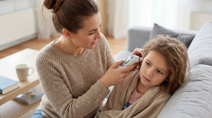 Mother checking temperature of her sick daughter using digital thermometer at home